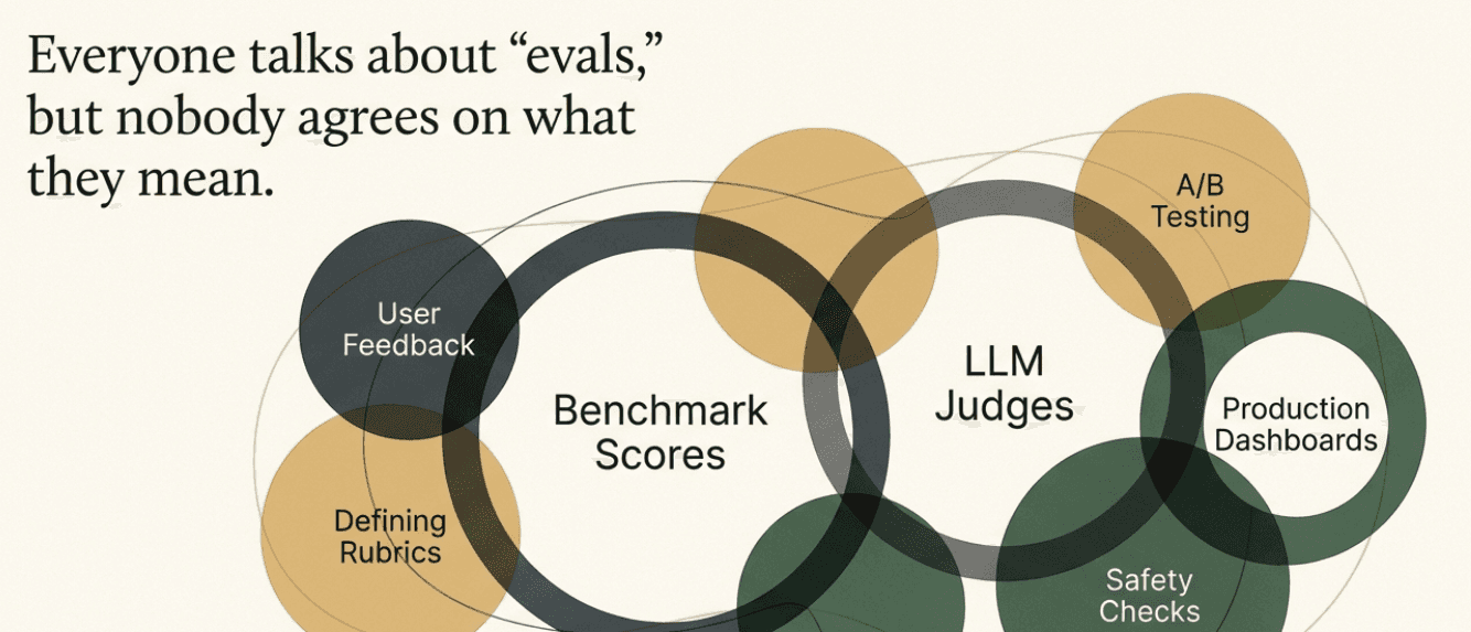 Everyone means something different by evals: benchmark scores, LLM judges, A/B testing, user feedback, rubrics, safety checks, and production dashboards