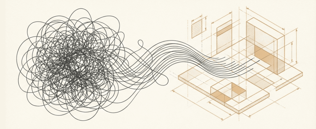 A tangle of lines resolving into a structured blueprint, showing confusion about evals turning into a systematic approach