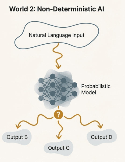 Non-deterministic AI: the same natural language input to a probabilistic model can produce many different outputs