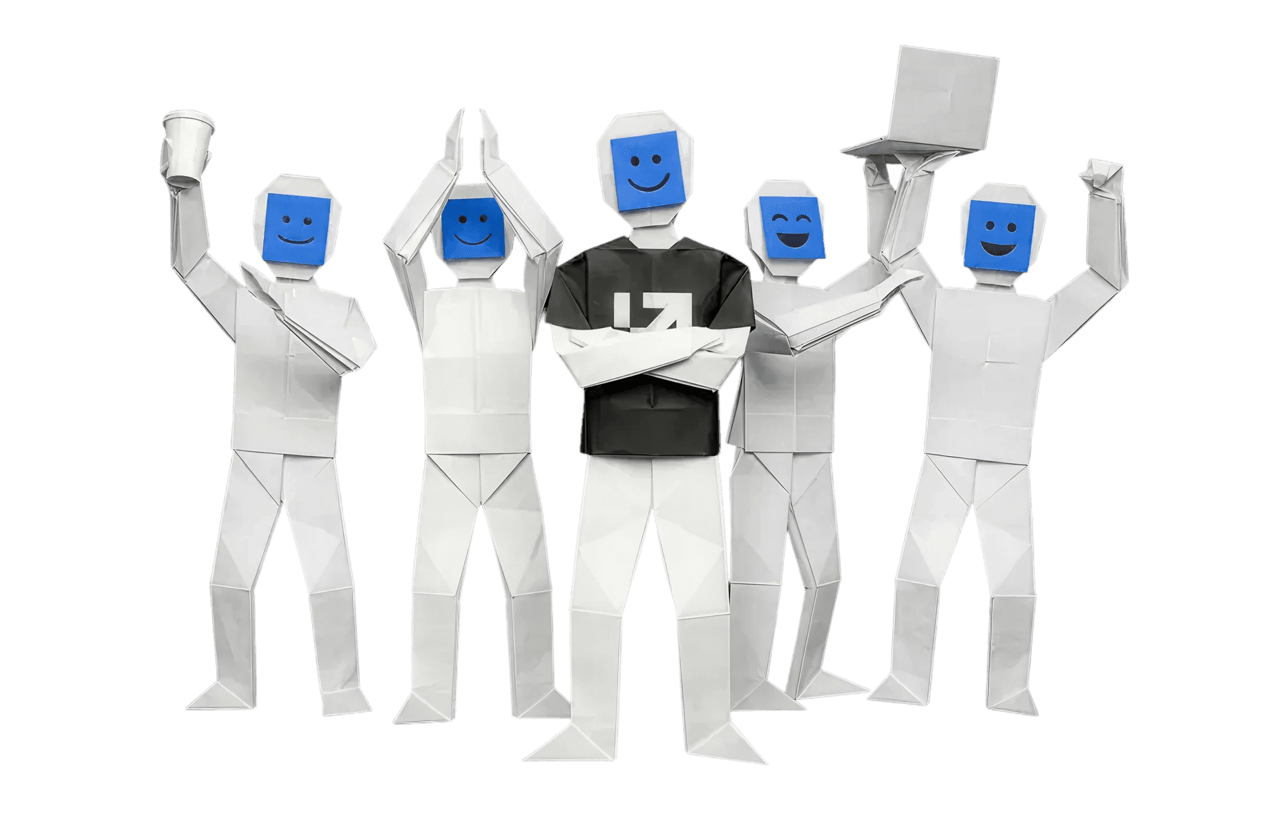 A team of paper-crafted AI characters working alongside humans