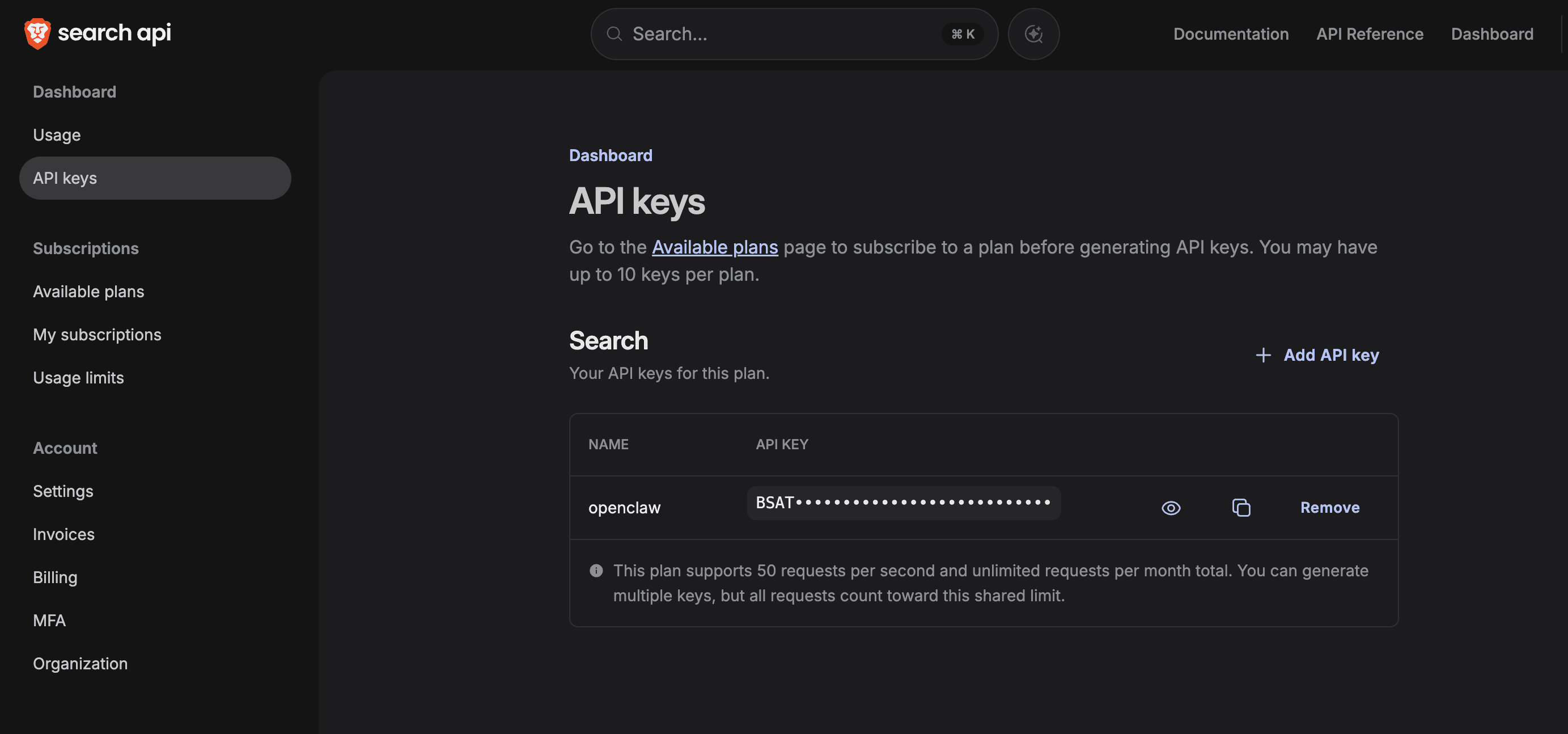 Brave Search API key page