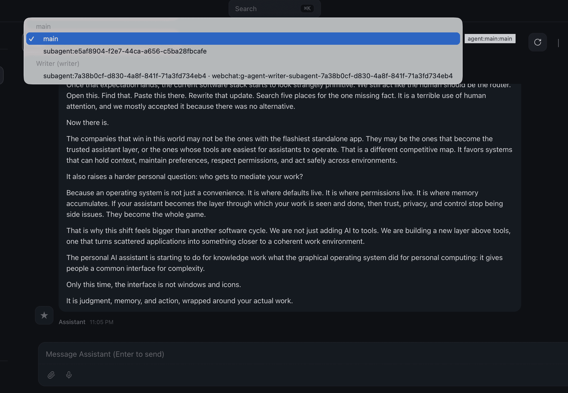 Session switcher for main and sub-agents