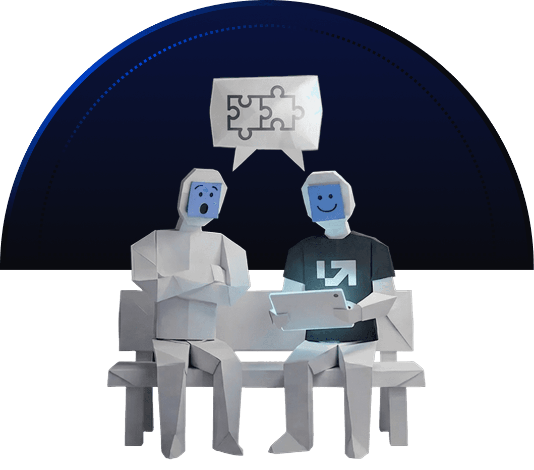 Two AI characters learning together on a laptop