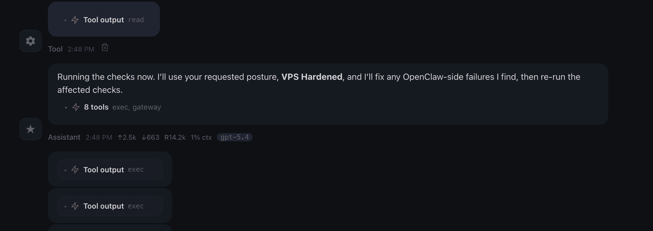 The blocks indicating progress in the OpenClaw chat while the Claw runs its security checks and executes tools to fix failures
